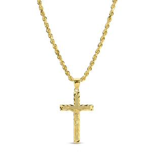 14k Gold Rope Chain with Blessed Crucifix Cross Pendant Set (S) vandpjewelry