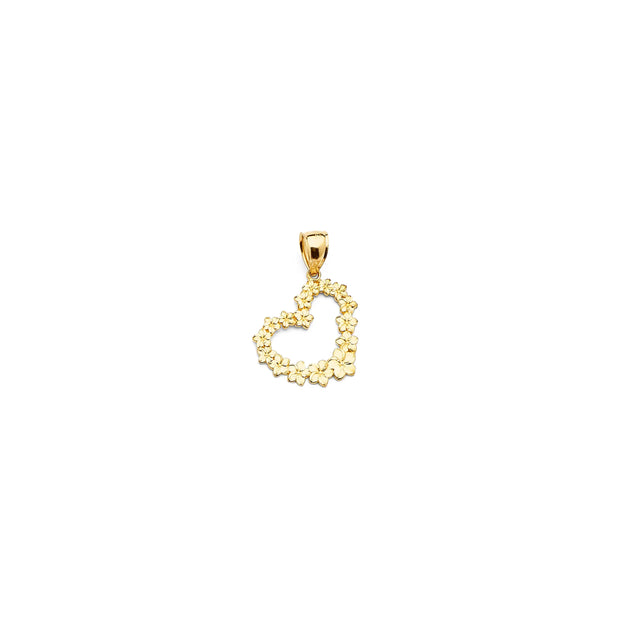 14K Gold Solid Heart Pendant With Plumaria Flowers V&P Jewelry